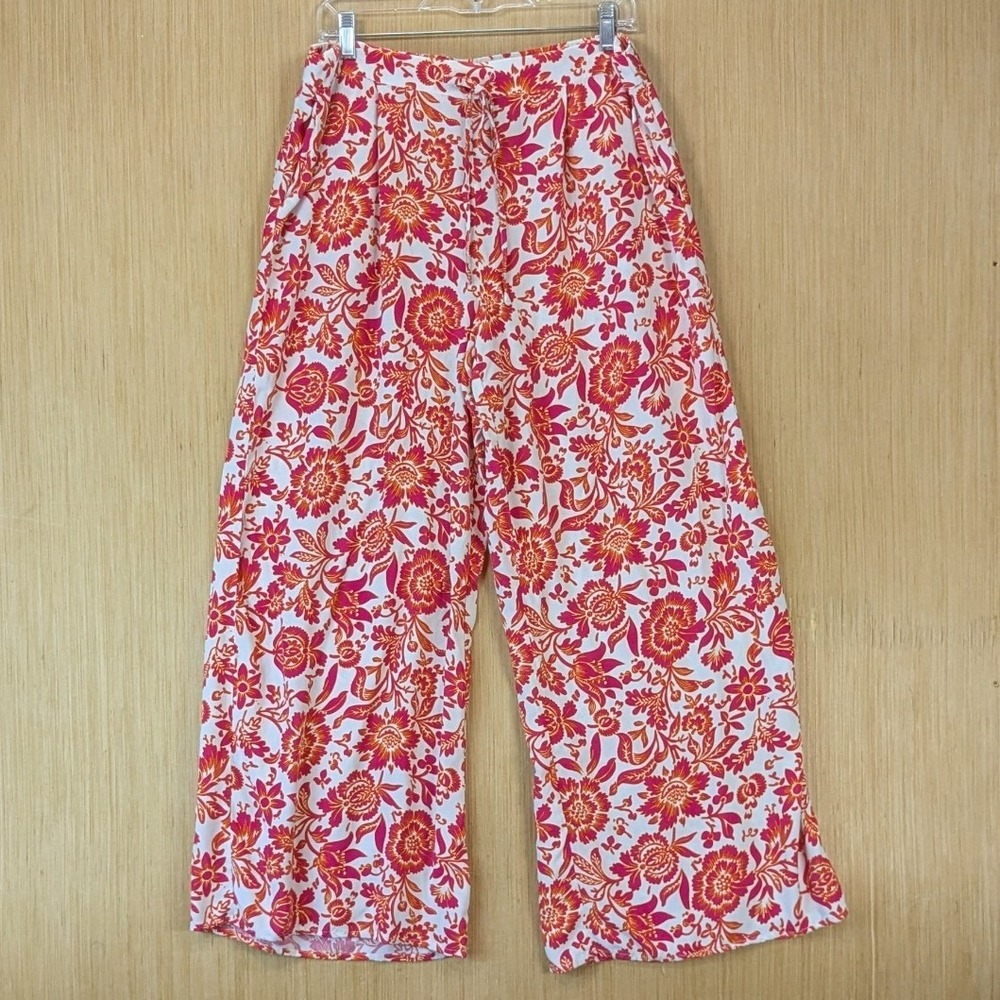 CeCe Womens Wide Leg Boho‎ Chic Resortwear Tropical Crop Pants Large Pink Floral